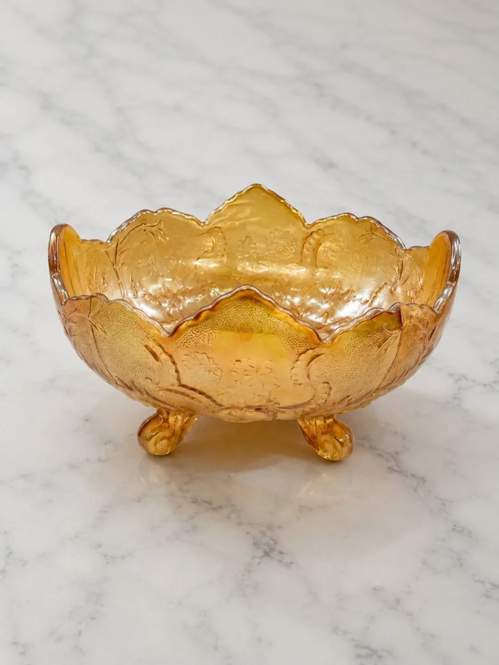 VTG Jeannette Iridescent Glass Lombardi Carnival Footed Fruit Bowl Marigold